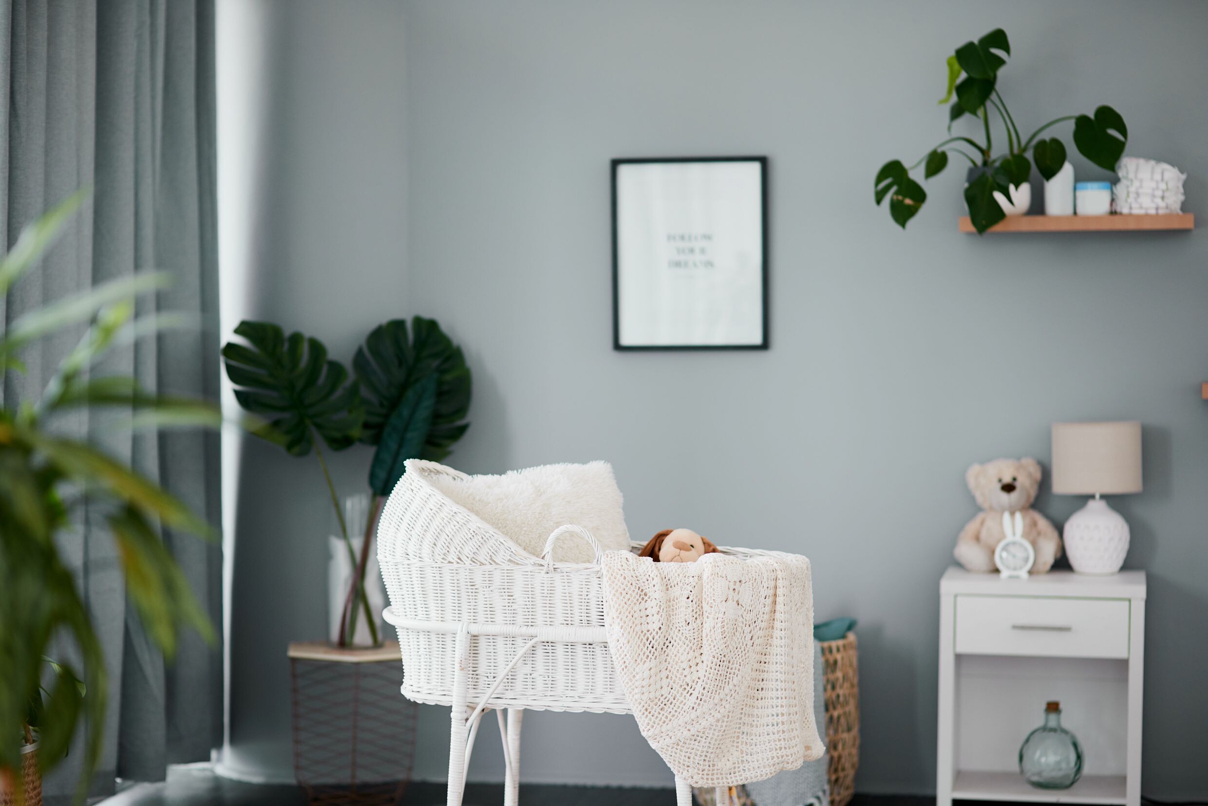 Child bedroom with a white desk and grey walls