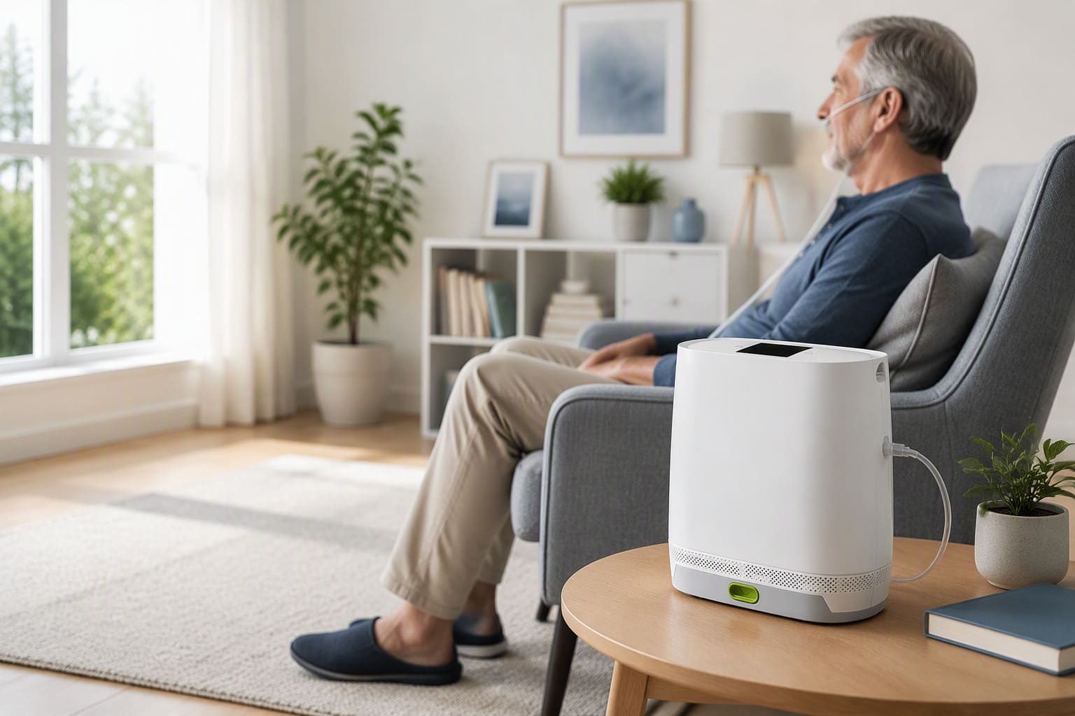 Person receiving home oxygen therapy using a portable oxygen concentrator set up in a living room